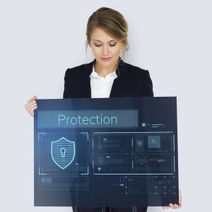 Woman holding network graphic overlay banner